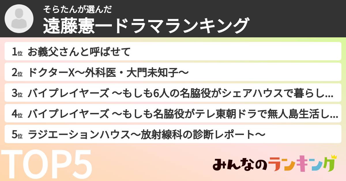 そらたんさんの「遠藤憲一ドラマランキング」