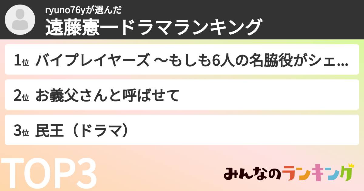 ryuno76yさんの「遠藤憲一ドラマランキング」