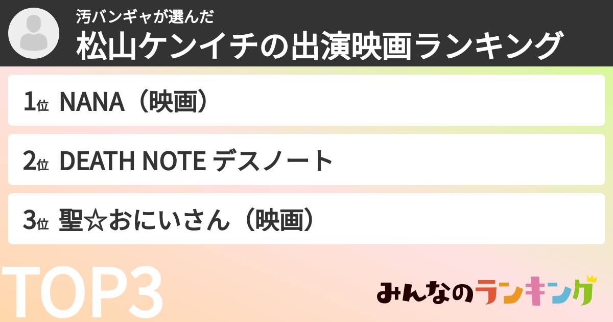 汚バンギャさんの「松山ケンイチの出演映画ランキング」