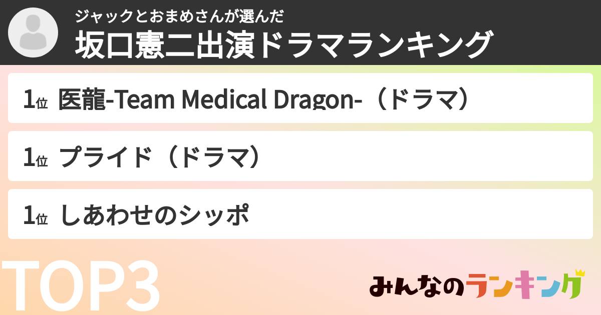ジャックとおまめさんさんの「坂口憲二出演ドラマランキング」