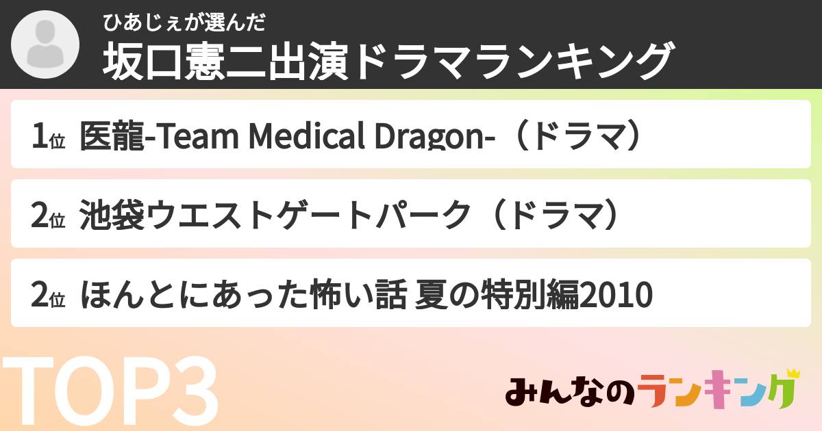 ひあじぇさんの「坂口憲二出演ドラマランキング」