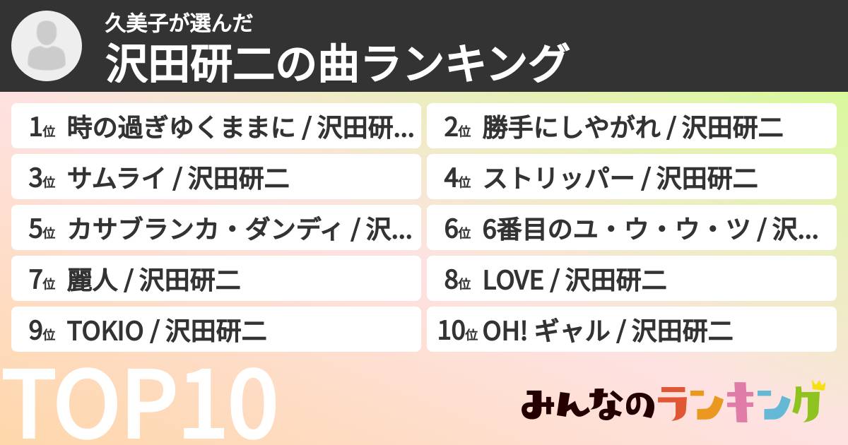 久美子さんの「沢田研二の曲ランキング」