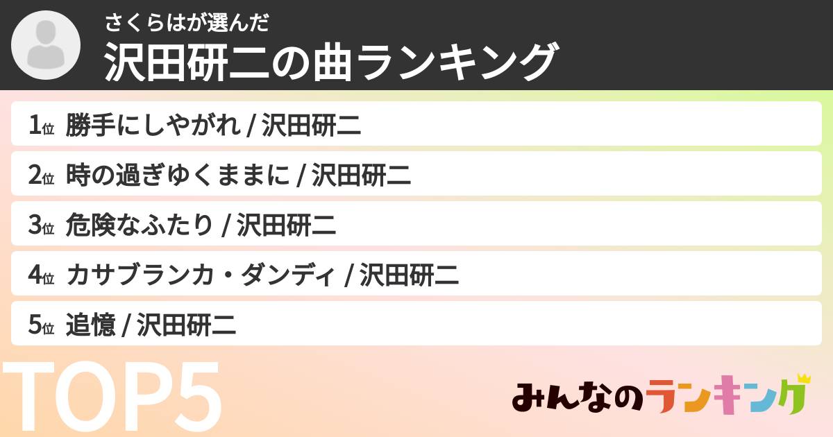 さくらはさんの「沢田研二の曲ランキング」