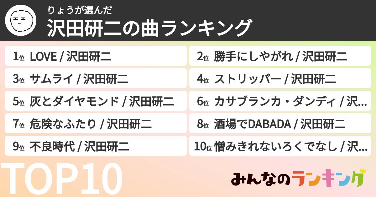 りょうさんの「沢田研二の曲ランキング」