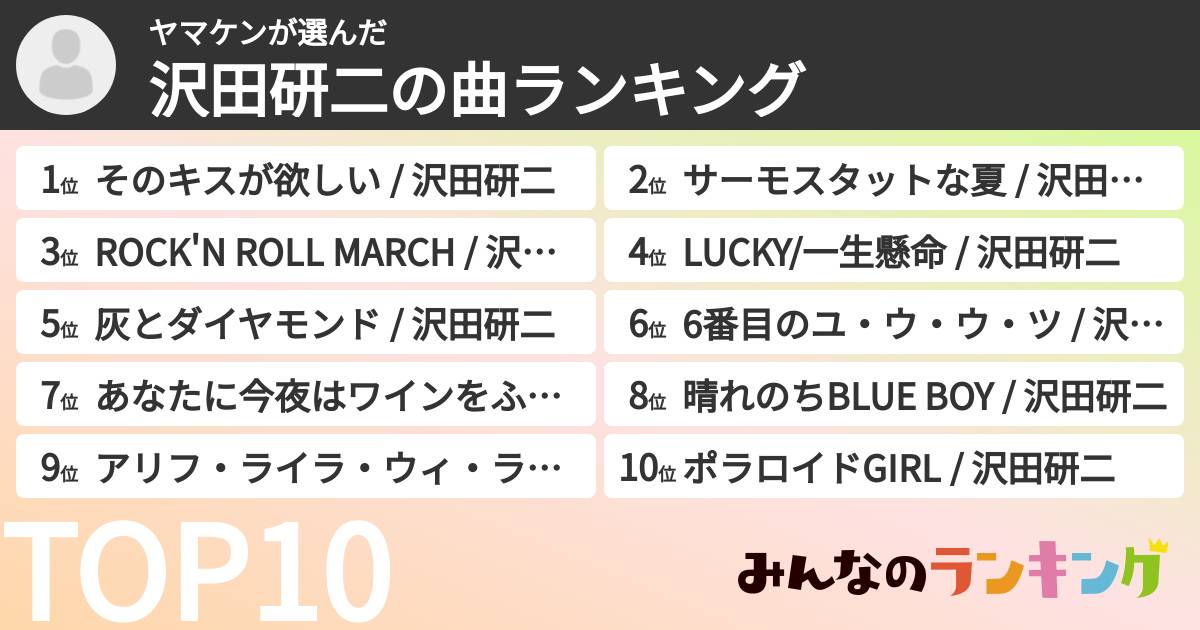 ヤマケンさんの「沢田研二の曲ランキング」