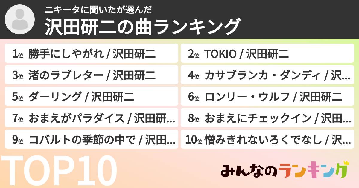 ニキータに聞いたさんの「沢田研二の曲ランキング」