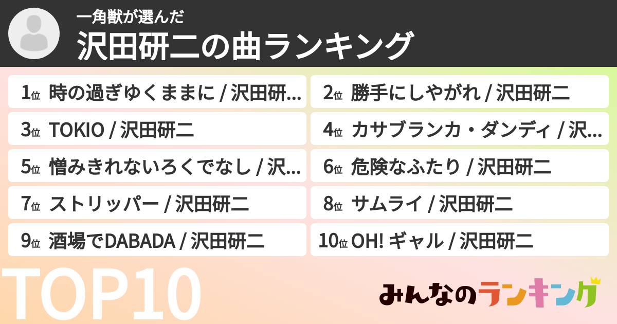 一角獣さんの「沢田研二の曲ランキング」