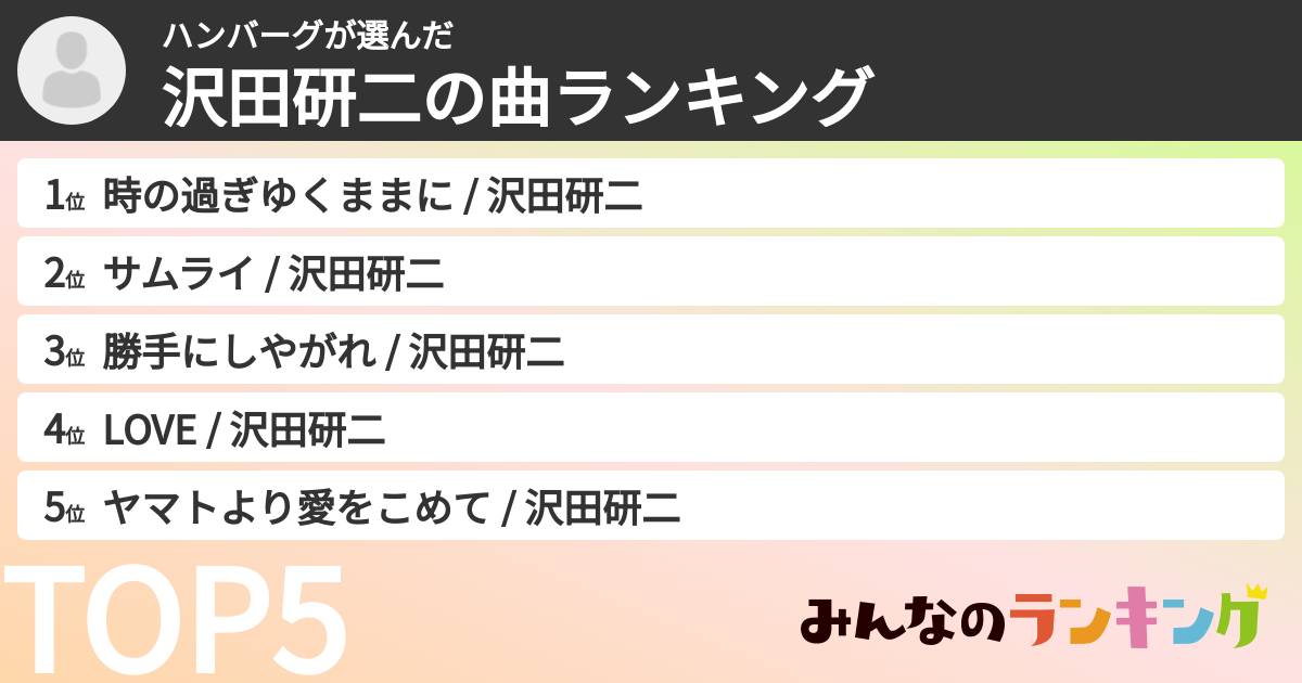 ハンバーグさんの「沢田研二の曲ランキング」