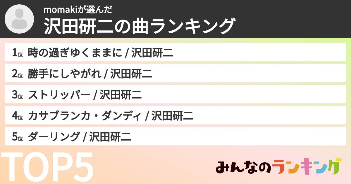 momakiさんの「沢田研二の曲ランキング」