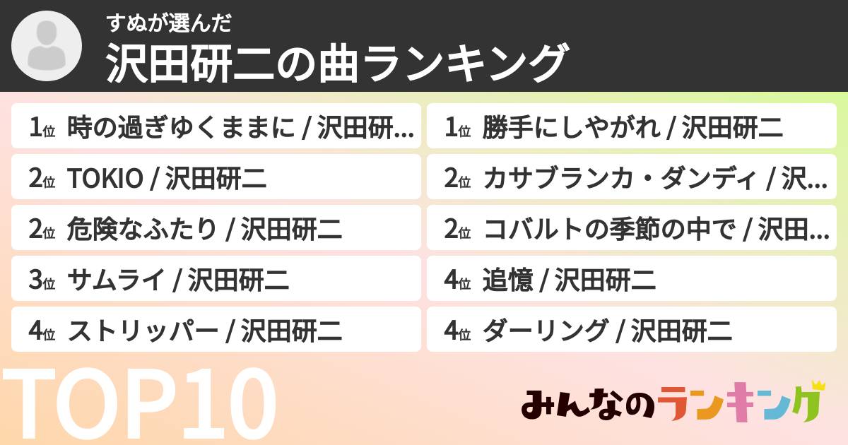 すぬさんの「沢田研二の曲ランキング」