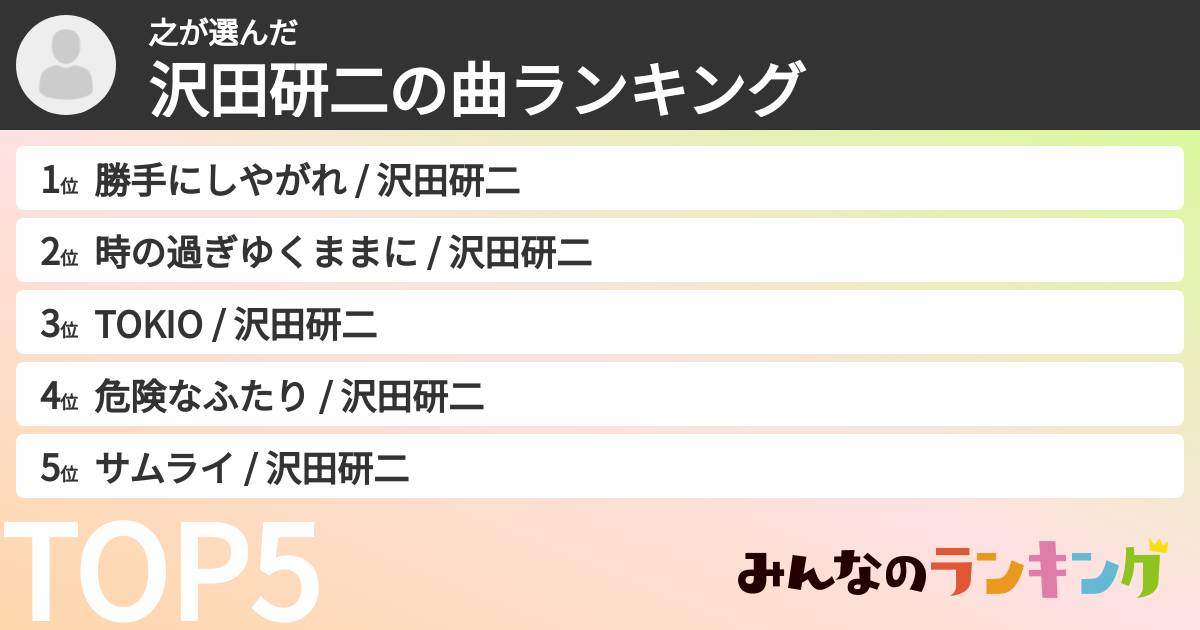 之さんの「沢田研二の曲ランキング」