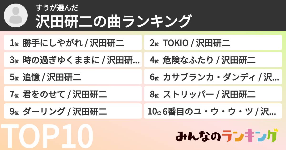 すうさんの「沢田研二の曲ランキング」