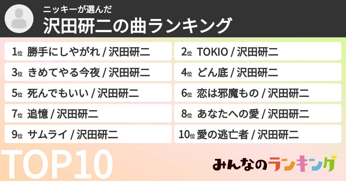 ニッキーさんの「沢田研二の曲ランキング」