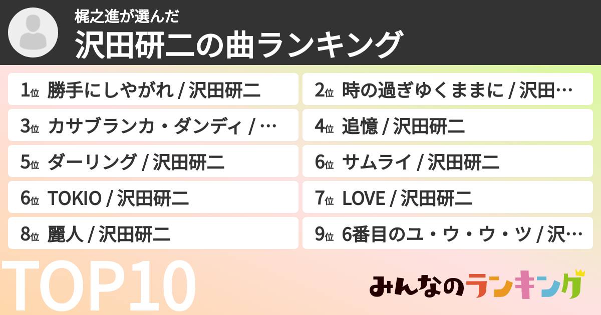 梶之進さんの「沢田研二の曲ランキング」