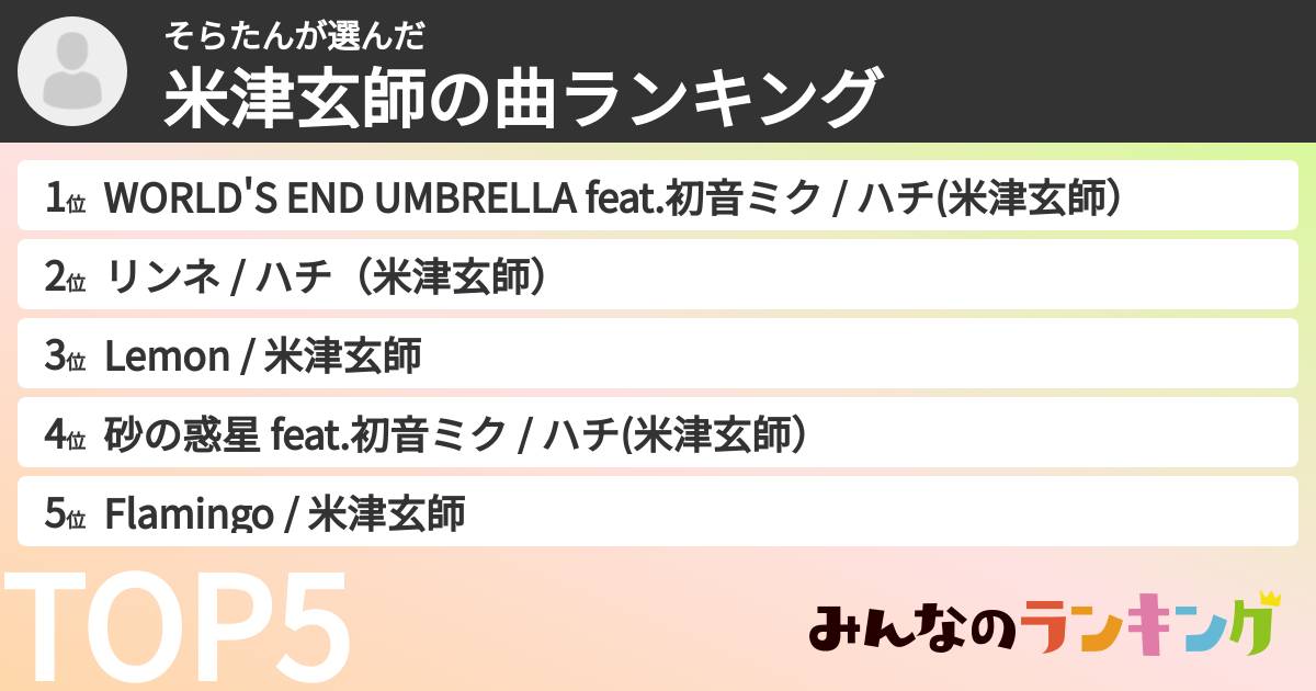 そらたんさんの「米津玄師の曲ランキング」