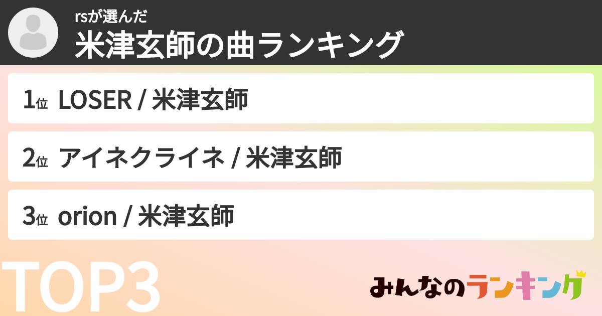rsさんの「米津玄師の曲ランキング」