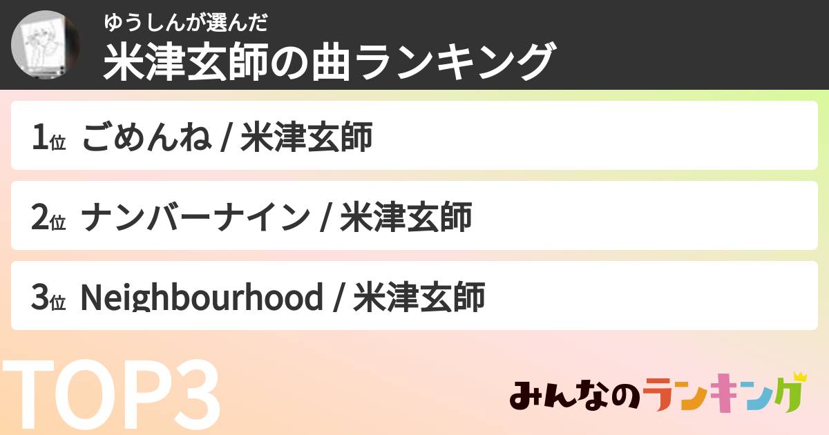 ゆうしんさんの「米津玄師の曲ランキング」
