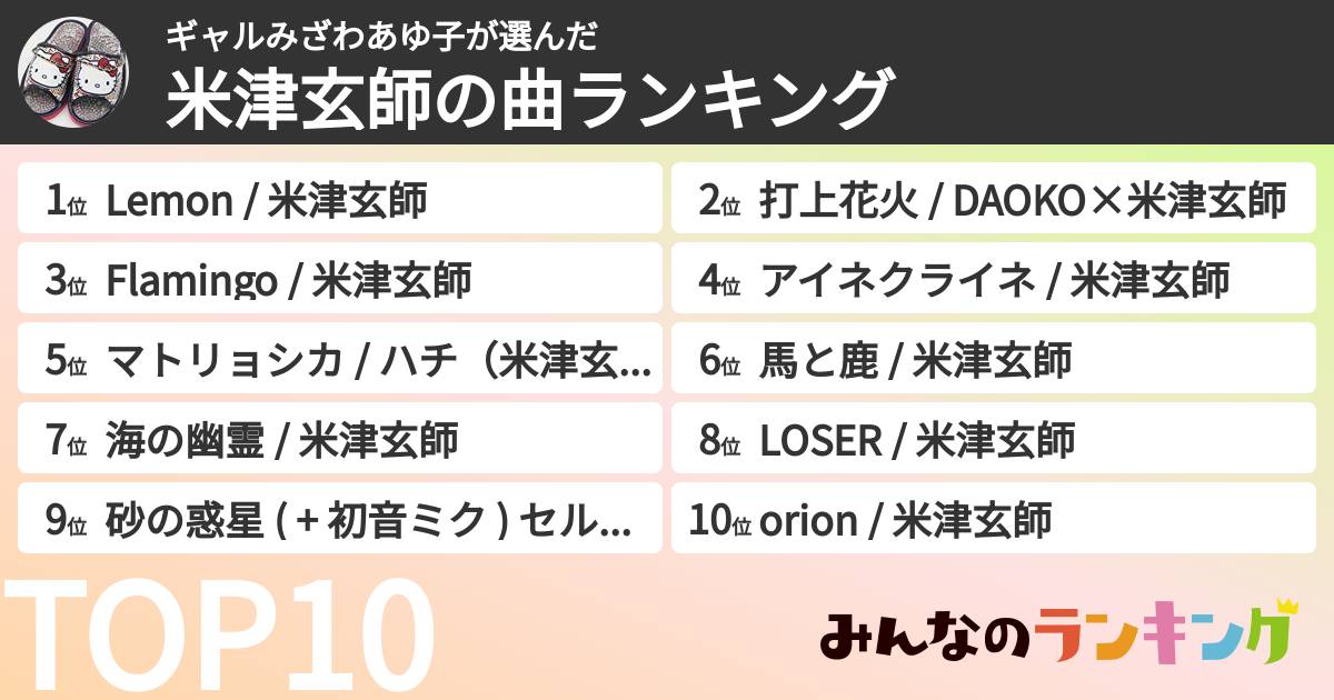 ギャルみざわあゆ子さんの「米津玄師の曲ランキング」