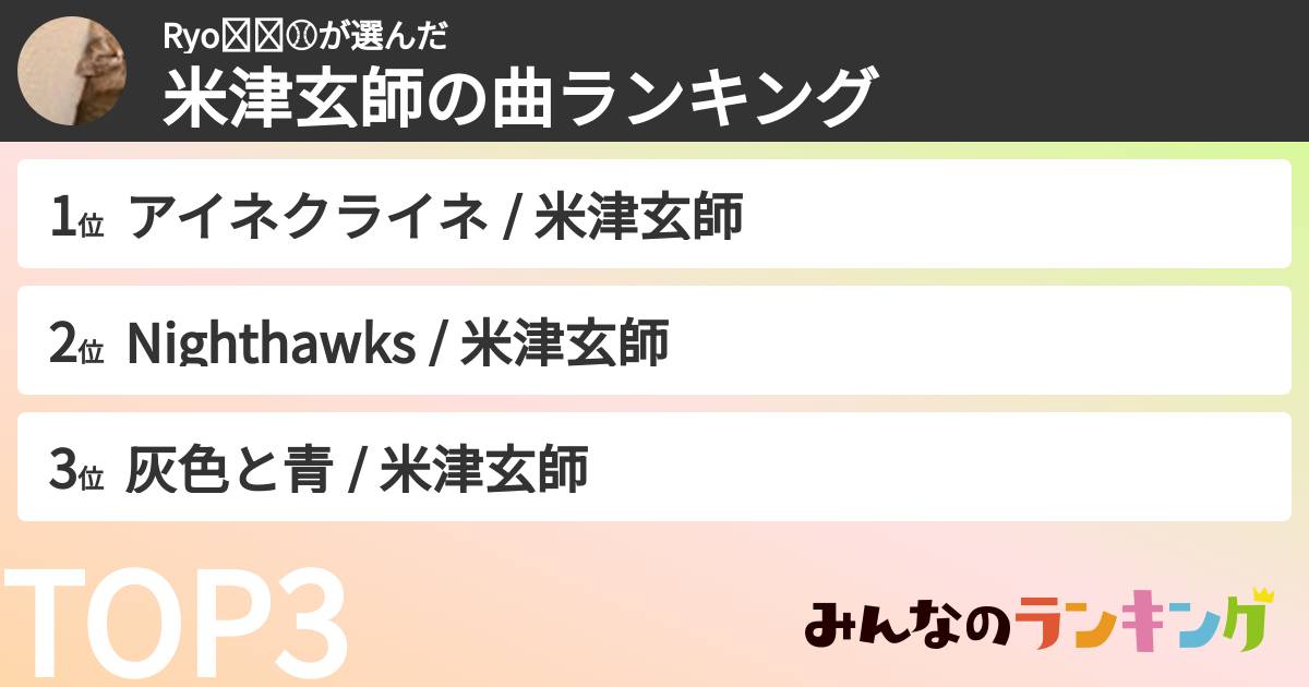 Ryo🐱🐈⚾️さんの「米津玄師の曲ランキング」
