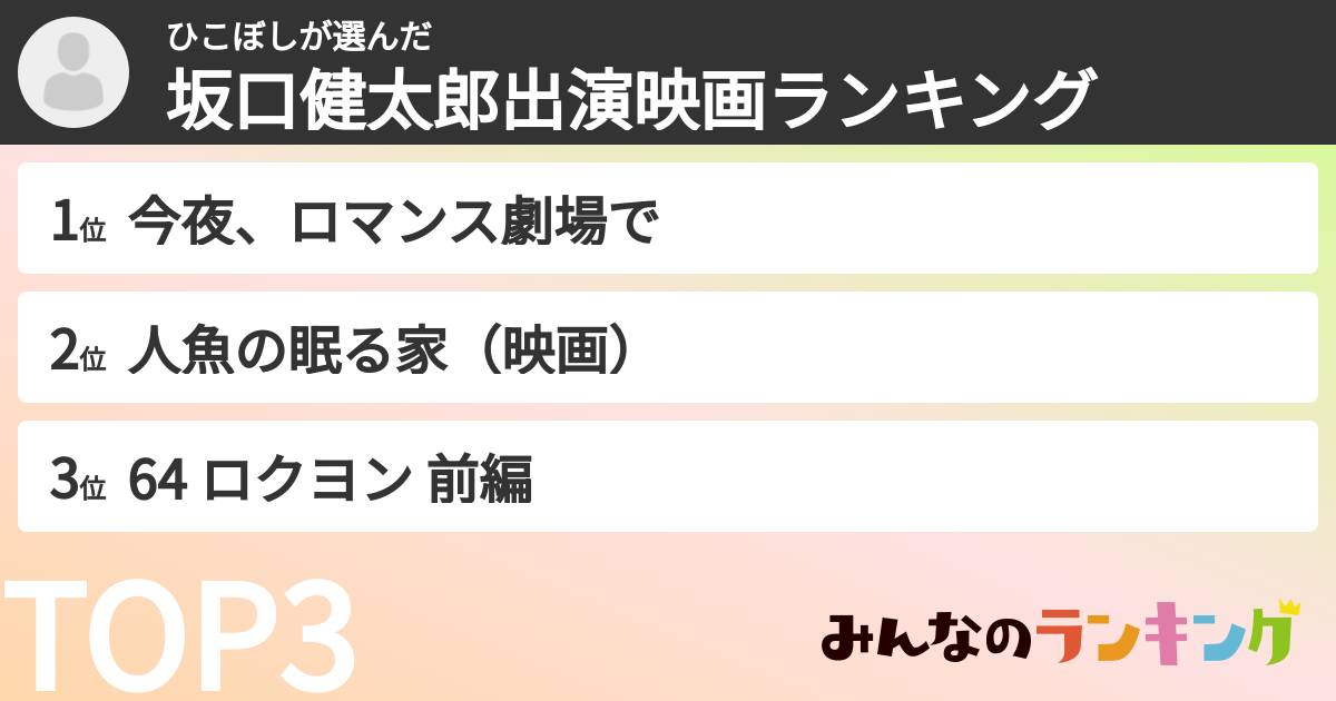 ひこぼしさんの「坂口健太郎出演映画ランキング」