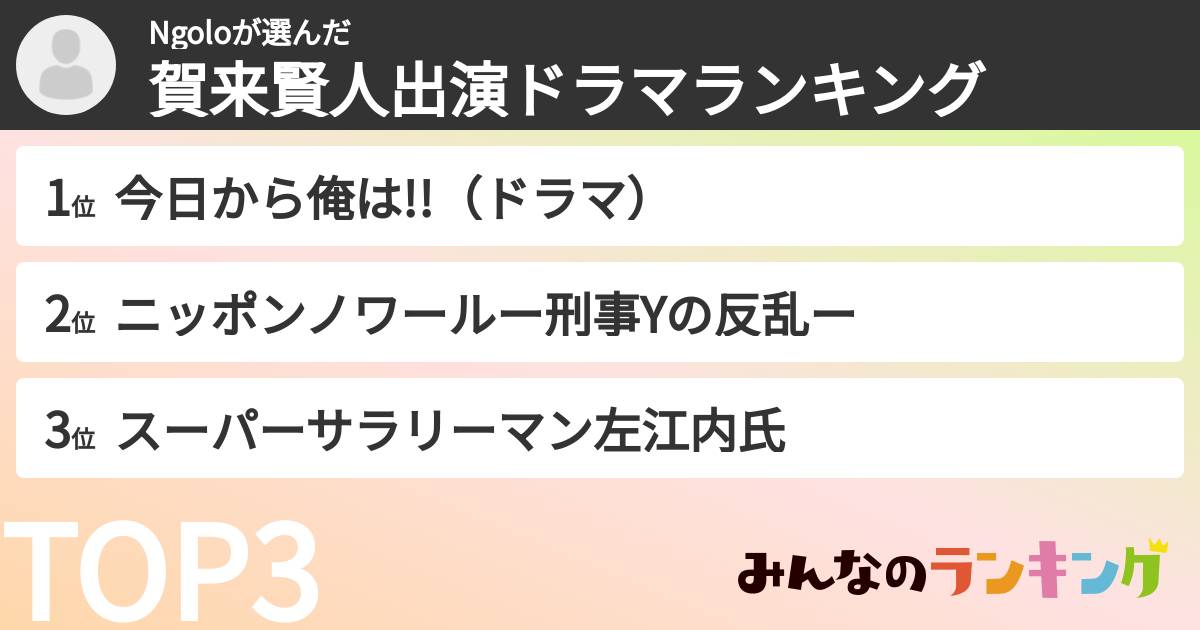 Ngoloさんの「賀来賢人出演ドラマランキング」