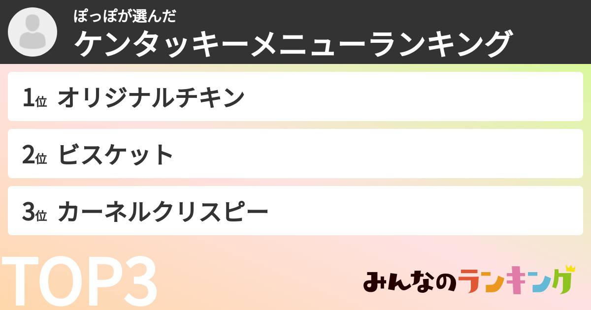 ぽっぽさんの「ケンタッキーメニューランキング」