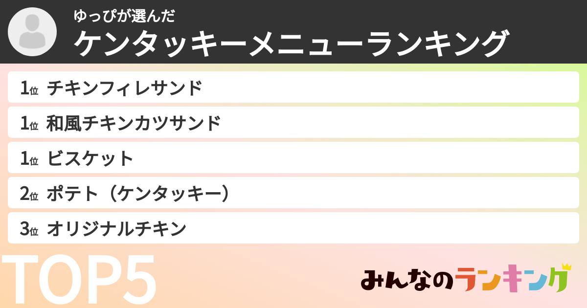 ゆっぴさんの「ケンタッキーメニューランキング」