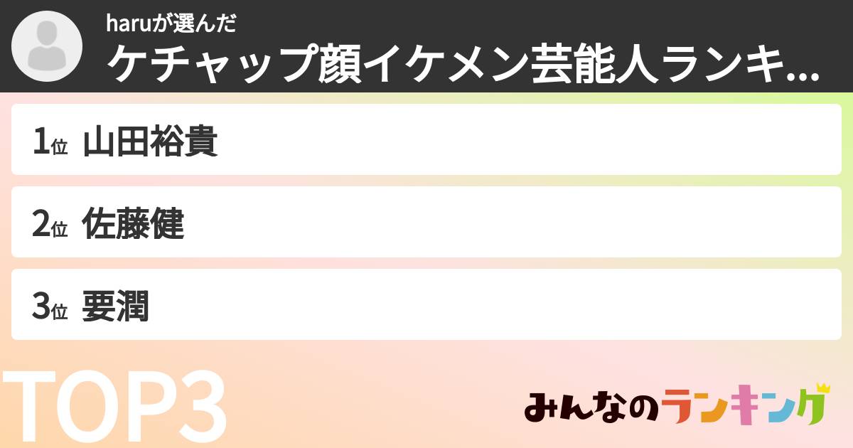 haruさんの「ケチャップ顔イケメン芸能人ランキング」