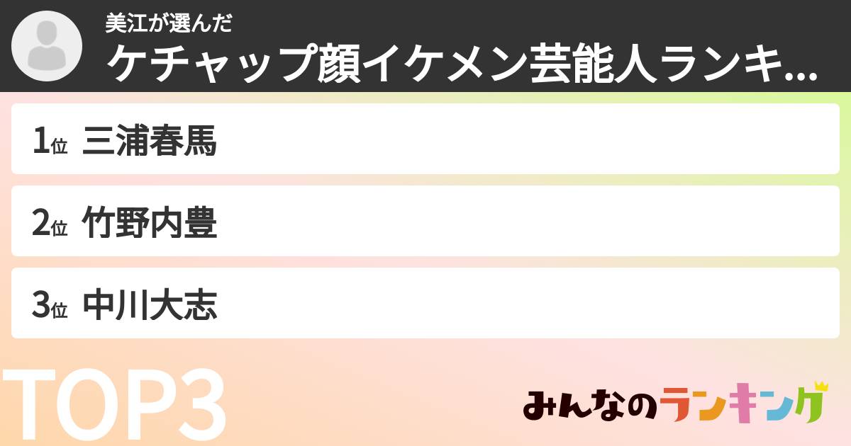 美江さんの「ケチャップ顔イケメン芸能人ランキング」