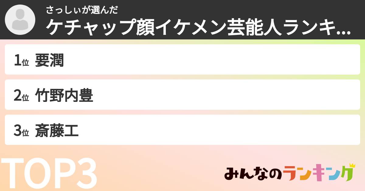 さっしぃさんの「ケチャップ顔イケメン芸能人ランキング」