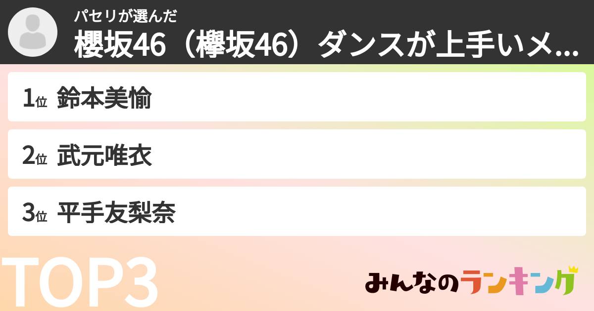 パセリさんの「櫻坂46（欅坂46）ダンスが上手いメンバーランキング」