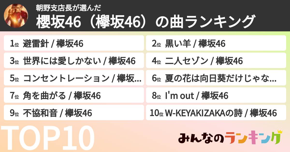 朝野支店長さんの「櫻坂46(欅坂46)の曲ランキング」