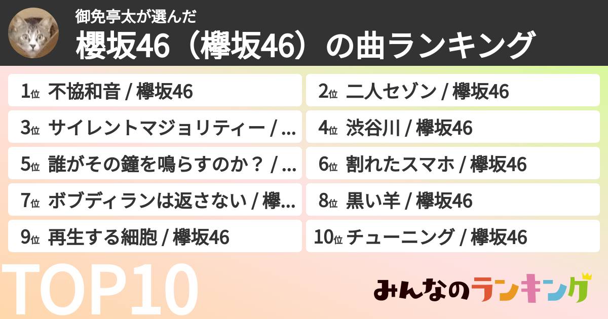 御免亭太さんの「櫻坂46（欅坂46）の曲ランキング」