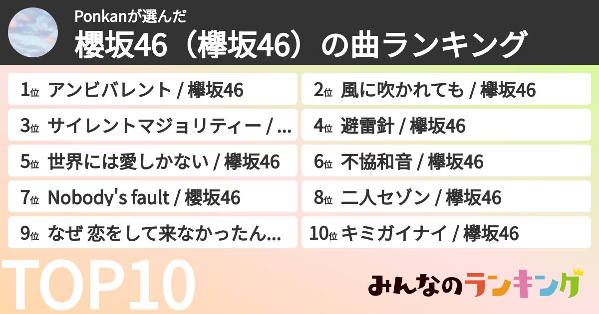 Ponkanさんの「櫻坂46（欅坂46）の曲ランキング」
