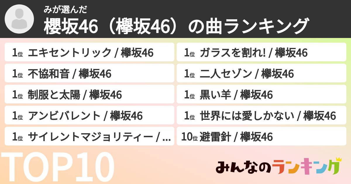 みさんの「櫻坂46(欅坂46)の曲ランキング」