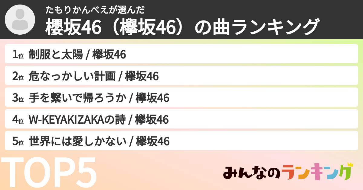 たもりかんべえさんの「櫻坂46(欅坂46)の曲ランキング」