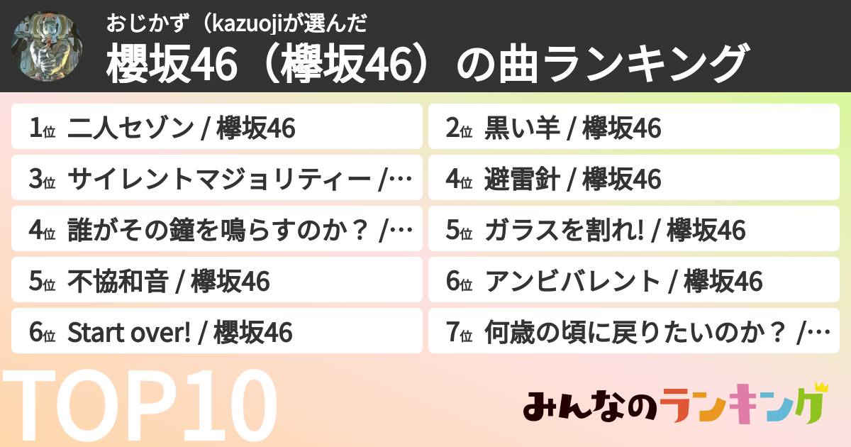 おじかず(kazuojiさんの「櫻坂46(欅坂46)の曲ランキング」