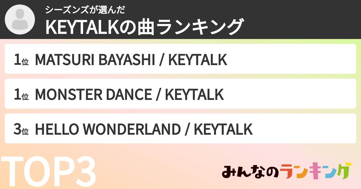 シーズンズさんの「KEYTALKの曲ランキング」