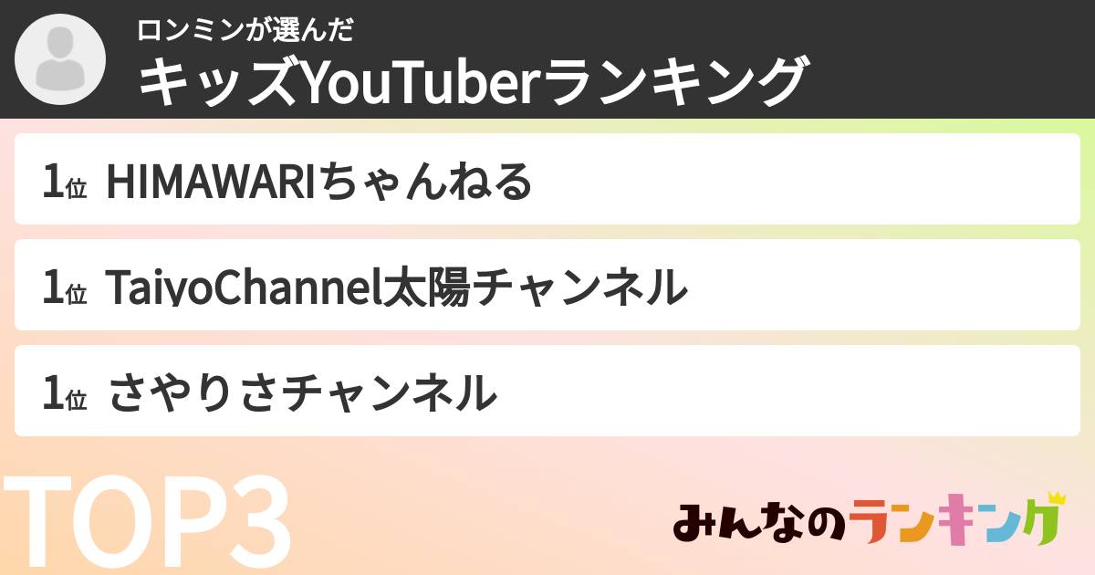ロンミンさんの「キッズYouTuberランキング」