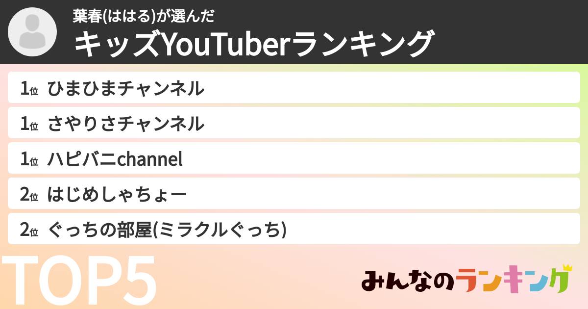 葉春(ははる)さんの「キッズYouTuberランキング」