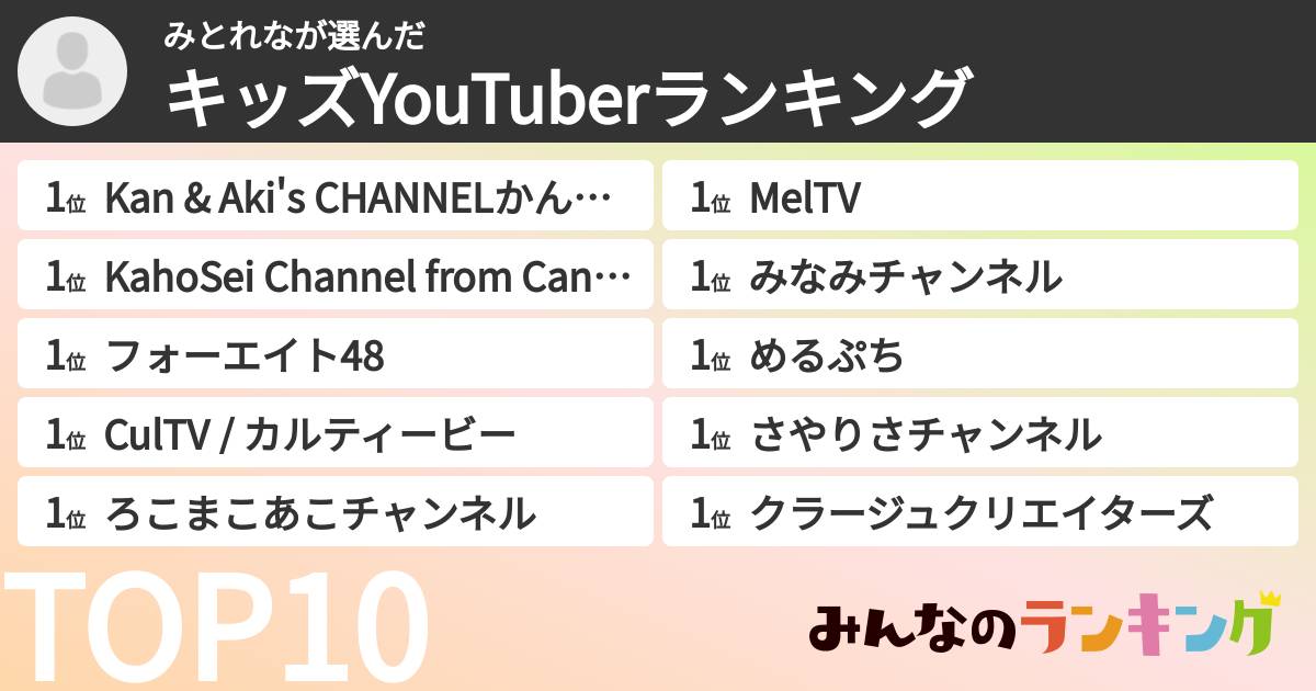 みとれなさんの「キッズYouTuberランキング」