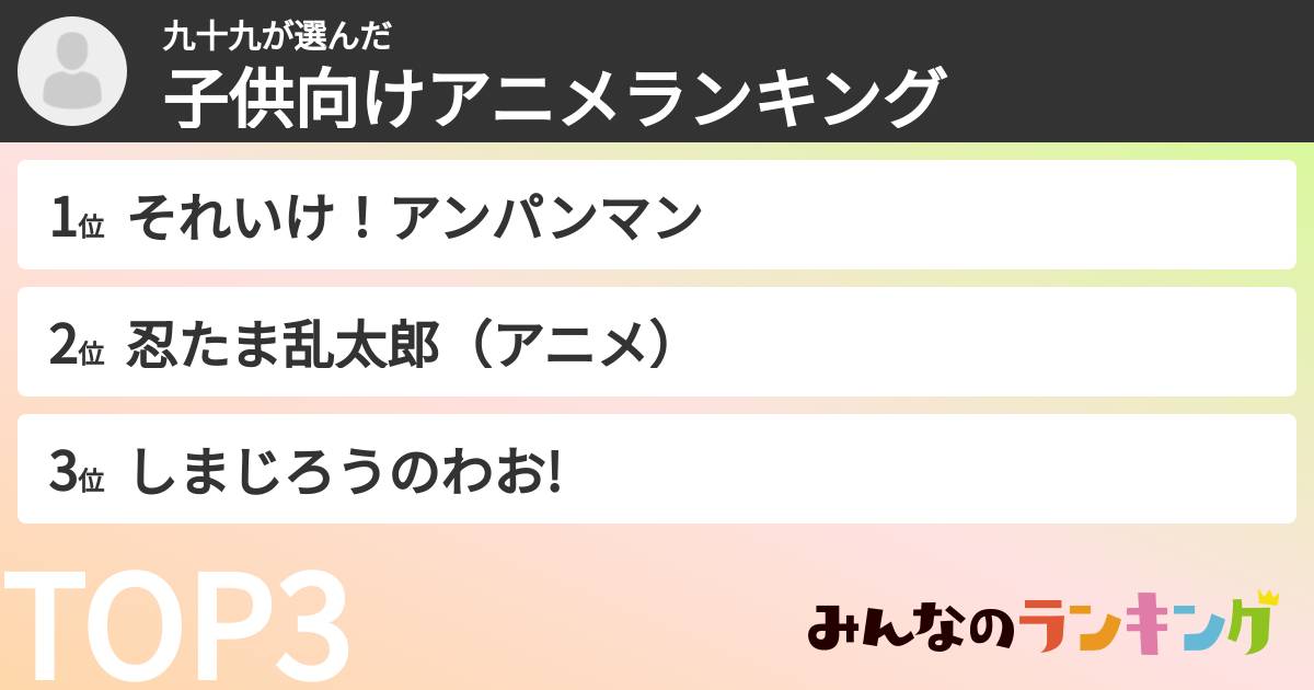 九十九さんの「子供向けアニメランキング」