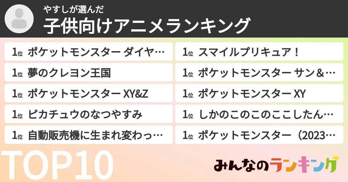 やすしさんの「子供向けアニメランキング」