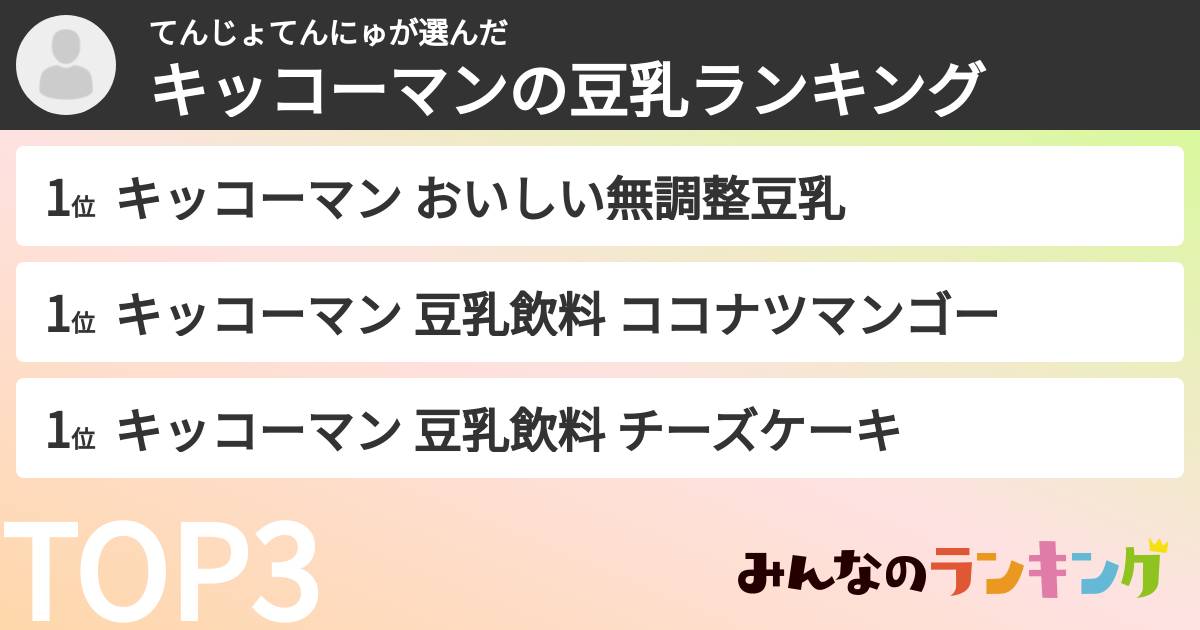 てんじょてんにゅさんの「キッコーマンの豆乳ランキング」