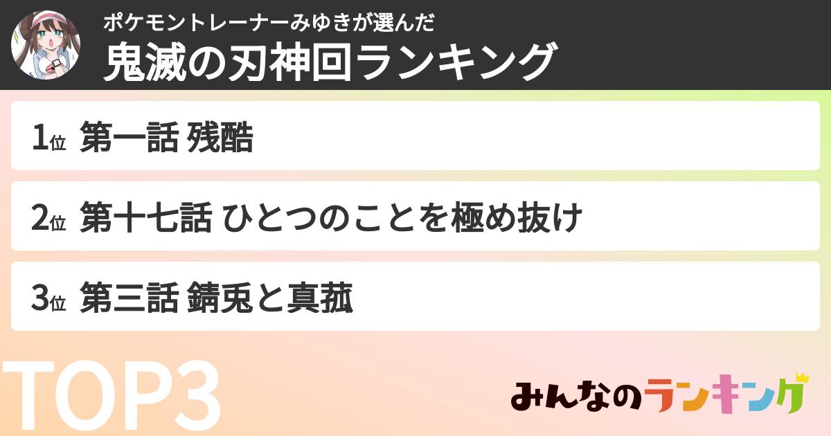 ポケモントレーナーみゆきさんの「鬼滅の刃神回ランキング」