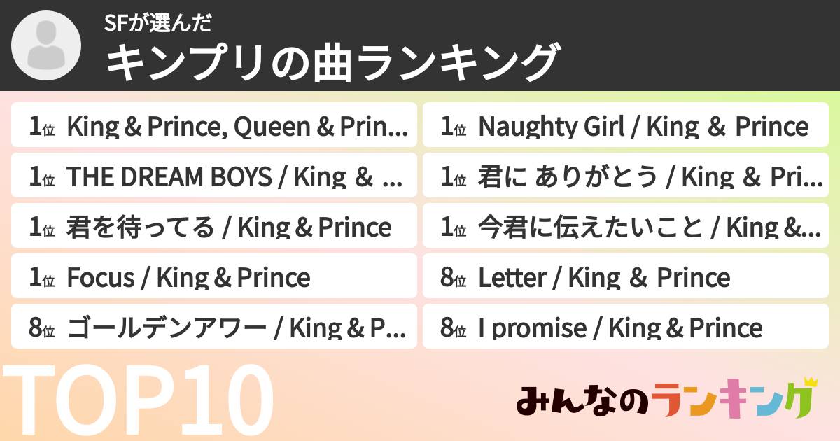 SFさんの「キンプリの曲ランキング」