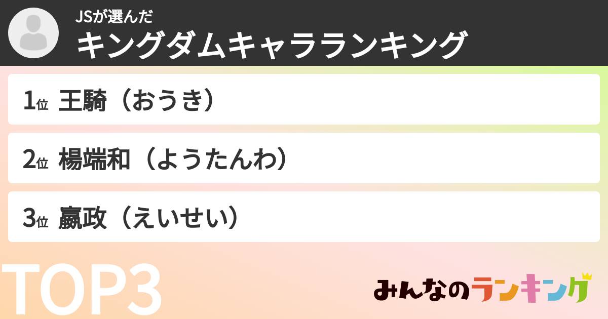 JSさんの「キングダムキャラランキング」