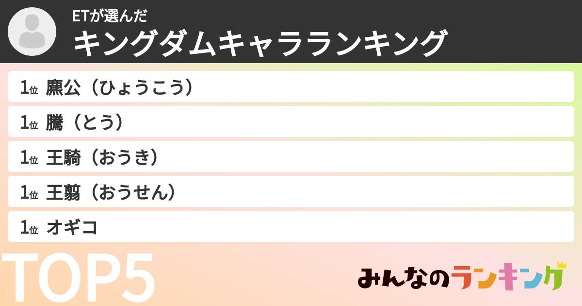 ETさんの「キングダムキャラランキング」