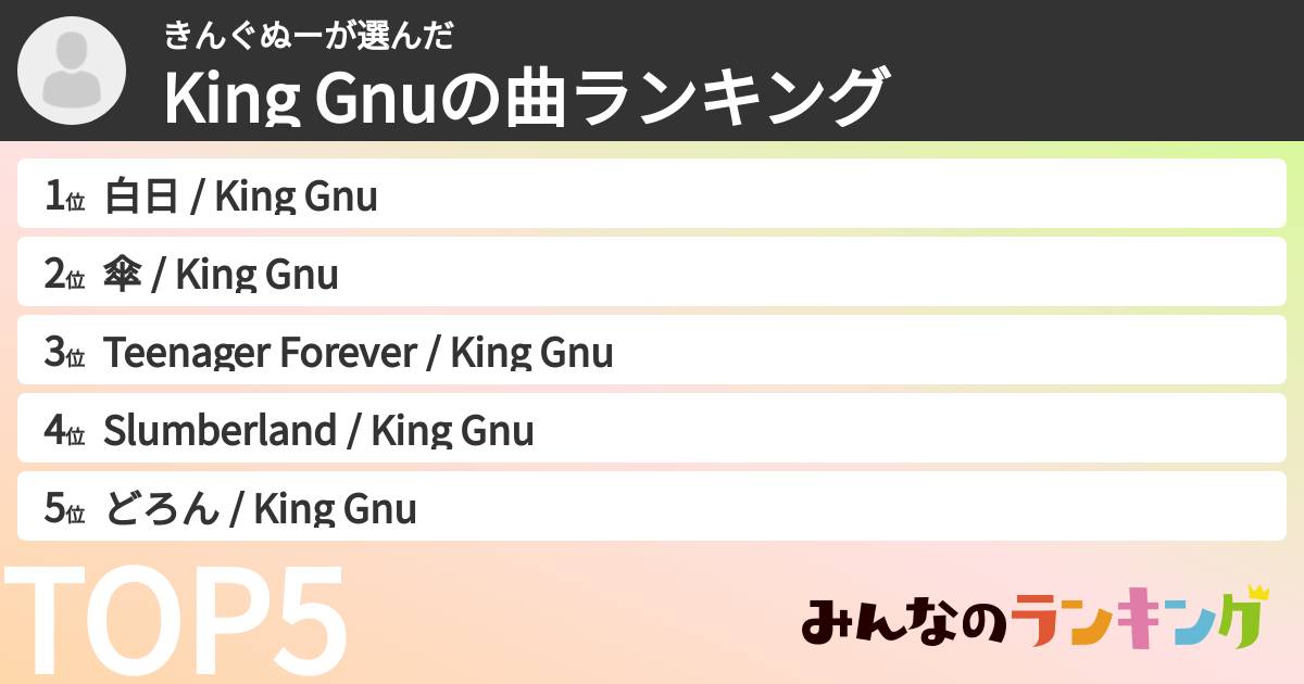 きんぐぬーさんの「King Gnuの曲ランキング」