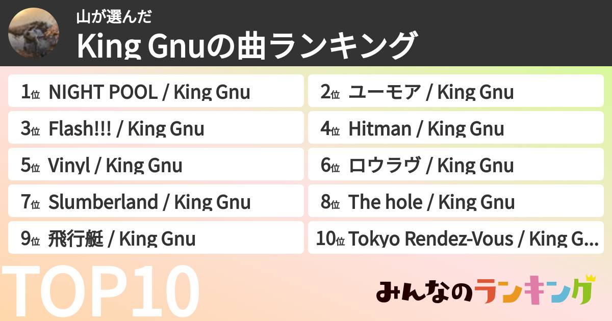 山さんの「King Gnuの曲ランキング」